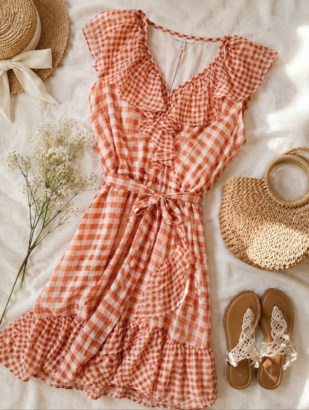Gingham Ruffle Wrap Dress Orange & White Cottagecore Summer Picnic Dress XL